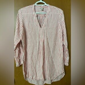 L.L. Bean Women's Salmon/White Stripe V Neck 100% Linen Top Blouse Size Small